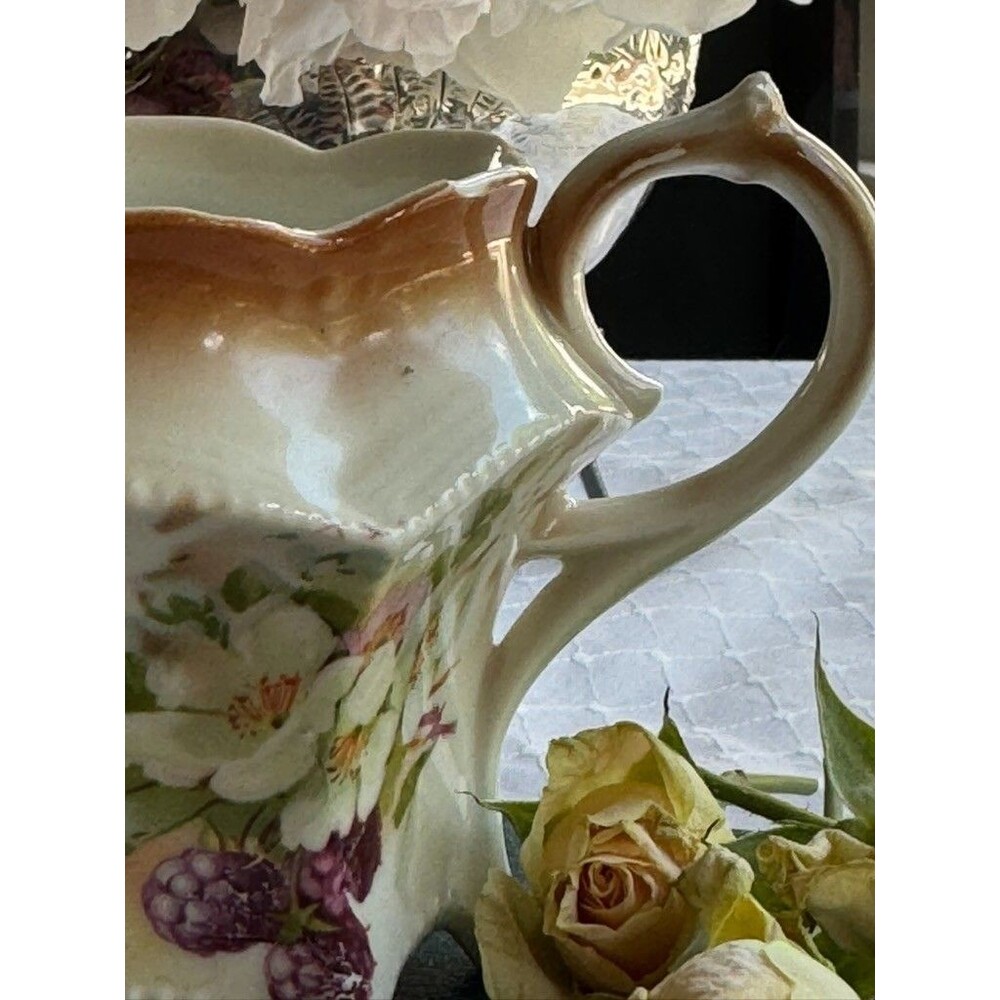 Rare Antique German Hand Painted Floral Footed Creamer Sepia Yellow Brown - Picture 5 of 16